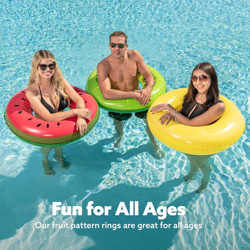 Inflatable Swim Tube Raft 3-Pack with Summer Fruits Design, Phthalates-Free Vinyl, 32.5" Rings for Kids Aged 9+, 32.5" L x 32.5" W, Multicolor
