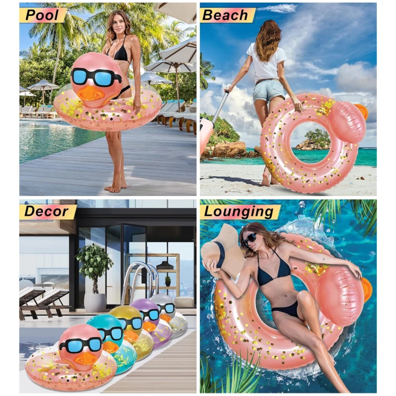 Inflatable Duck Pool Float Tube with Repair Patch, Heavy Duty UV Resistant Confetti Swim Ring for Kids, Adults, 36" L x 36" W x 23" H, Rose+Gold