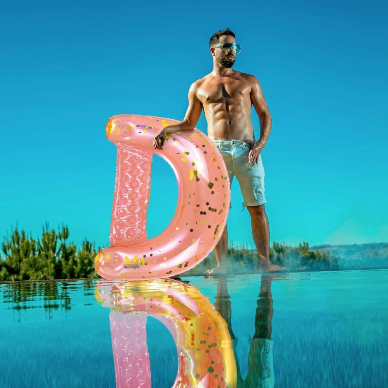 Inflatable Water Floating Chair with Handles, Cup Holders, Sparkle Confetti, Luxurious Lounger for Beach, Lake, 48" L x 38" W x 12" H, Rose+Gold