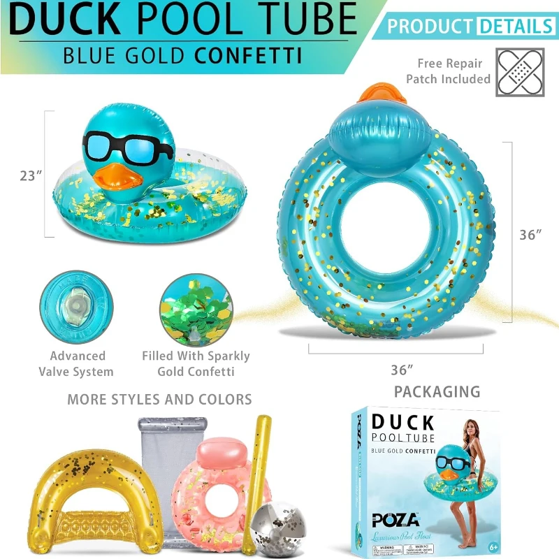 Vinyl UV Resistant Inflatable Duck Pool Float Tube with Repair Patch, Confetti Swim Ring for Kids and Adults, 36" L x 36" W x 23" H, Blue+Gold