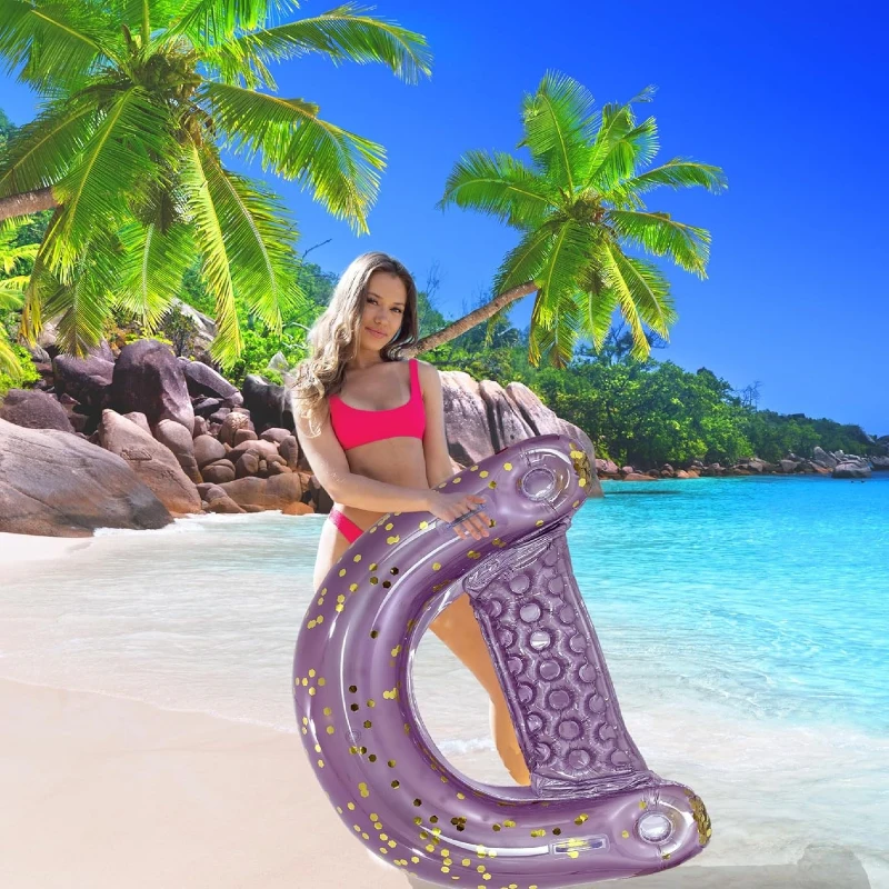 Inflatable Pool Float Chair with 2 Built-in Cup Holders, 2 Handles, Luxurious Lounger with Sparkle Confetti, 48" L x 38" W x 12" H, Purple+Gold