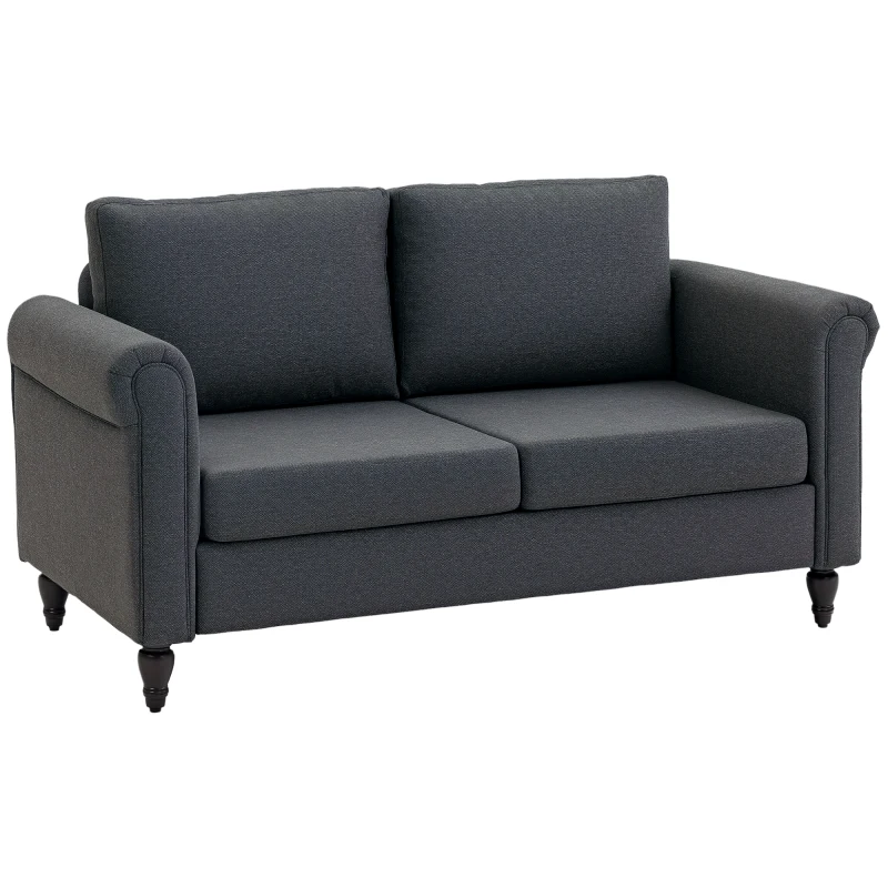HOMCOM Vintage Loveseat, Upholstered Love Seat Furniture, Chenille-feel Fabric 2 Seater Sofa Couch with Rolled Arms, Gourd-Shaped Rubber Wood Legs for Living Room, Dark Grey