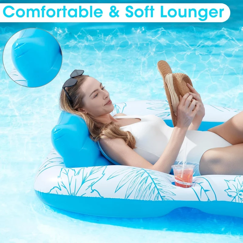 Inflatable Adult Pool Lounger Float with Drink Holder, Removable Pillow, Premium Vinyl Water Lounge Floaties for River, Lake, 70" L x 47" W, Blue