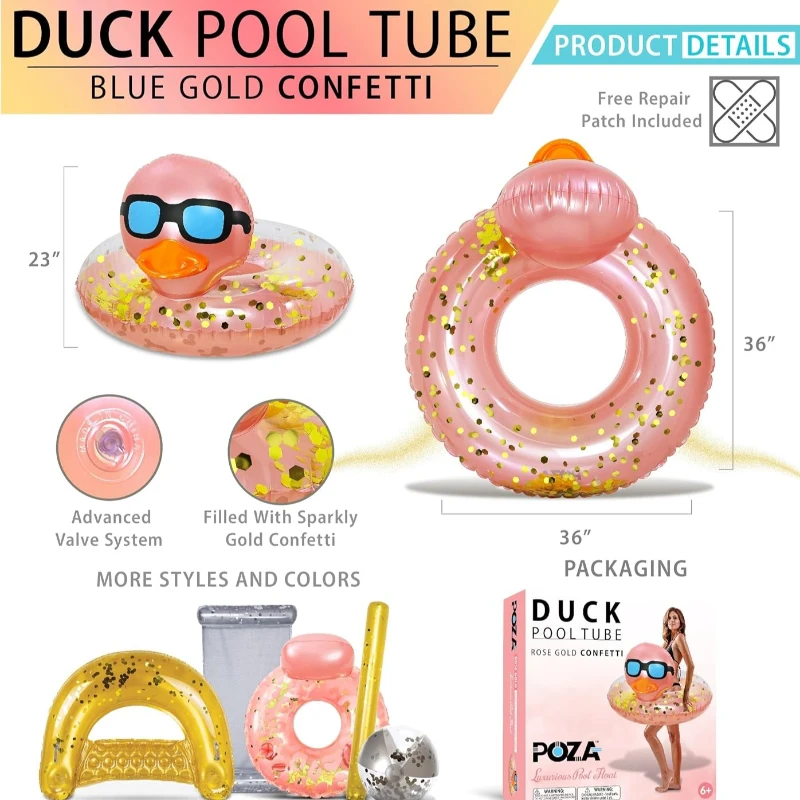 Inflatable Duck Pool Float Tube with Repair Patch, Heavy Duty UV Resistant Confetti Swim Ring for Kids, Adults, 36" L x 36" W x 23" H, Rose+Gold