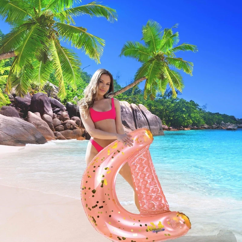 Inflatable Water Floating Chair with Handles, Cup Holders, Sparkle Confetti, Luxurious Lounger for Beach, Lake, 48" L x 38" W x 12" H, Rose+Gold