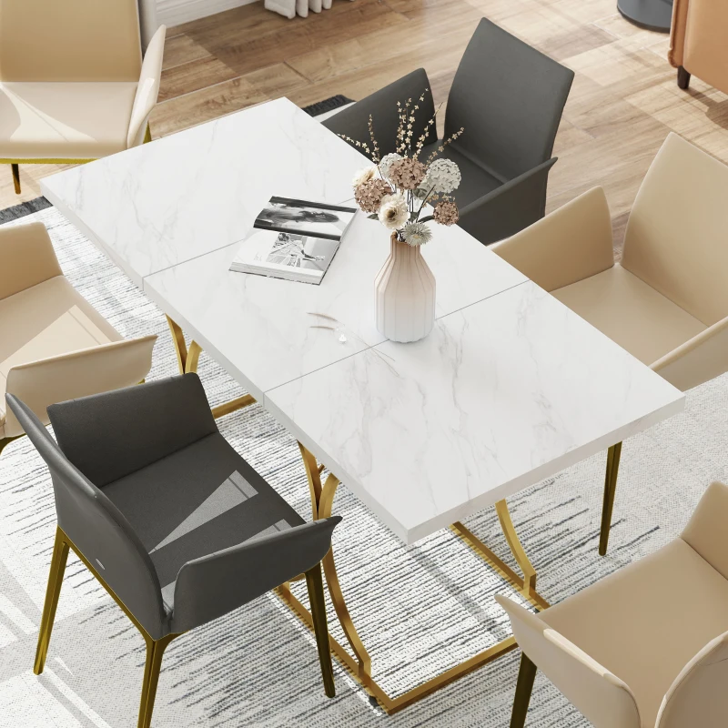 HOMCOM 59-Inch Dining Table for 6, Modern Marble-Pattern Kitchen Dinner Table with Metal Pedestal for Home, Dining Room, White