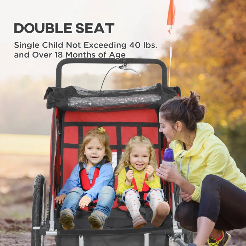 Aosom 2-Seat Elite 360 Swivel Bike Trailer for Kids Bicycle Cargo Trailer with Water-Resistant Windows, Black and Red