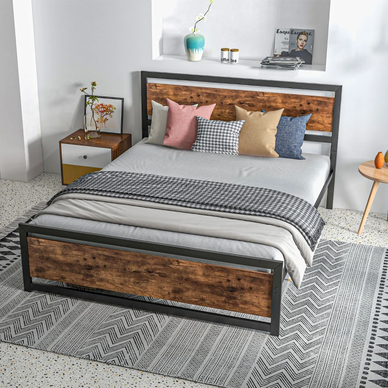 HOMCOM Queen Bed Frame with Headboard & Footboard, Strong Metal Slat Support Bed Frame w/ Underbed Storage Space, No Box Spring Needed, 63''x82''x40.5''
