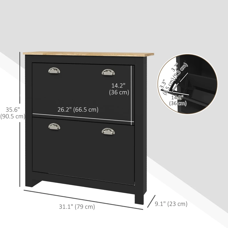 HOMCOM Small Shoe Cabinet with 2 Flip Drawers and Adjustable Shelves, 12 Pair Shoe Storage Organizer for Hallway, Black