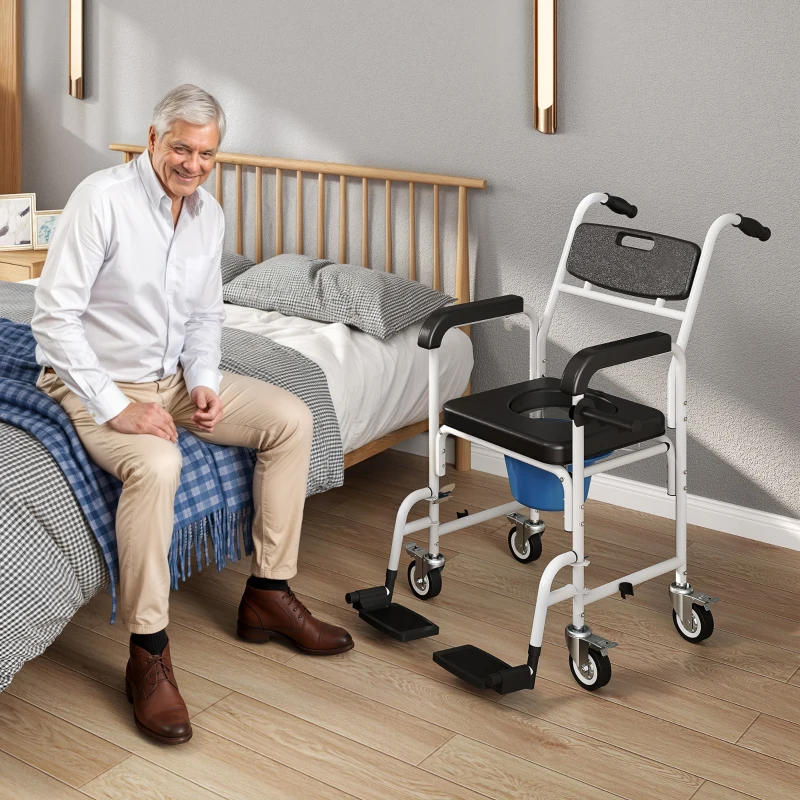 HOMCOM Rolling Shower Wheelchair for Seniors, Bedside Commode Chair with Locking Wheels, Seat, Backrest, Arms, Black
