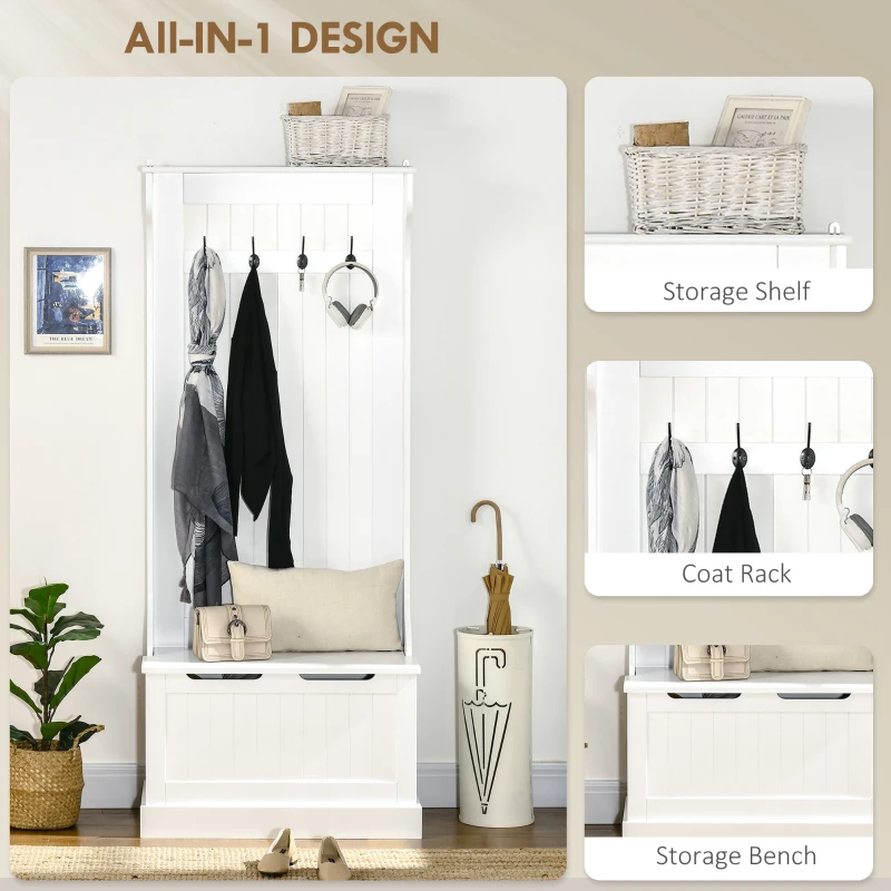 HOMCOM 3-In-1 Hall Tree with Coat Rack, Shoe Storage and Bench Seat, Entryway Bench with 4 Hooks for Hallway, Living Room