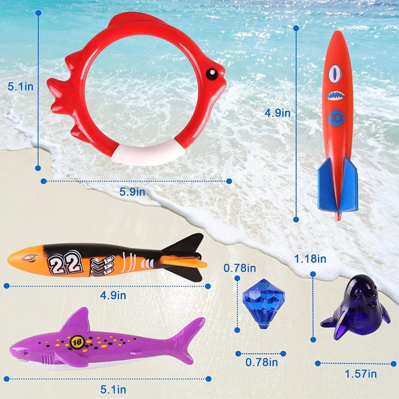 Fun Swim Games Sinking Set with Torpedo, Gems, Shark Rings, Sea Animals, and Storage Bag, Summer Pool Diving Toys for Kids, Multicolor