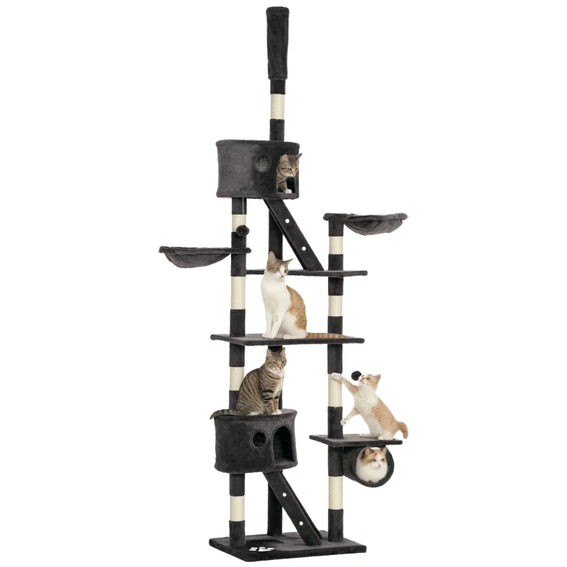 PawHut 94"-102" Floor to Ceiling Cat Tree High Cat Condo Scratching Post Activity Center Multi-Level Play House Dark Grey