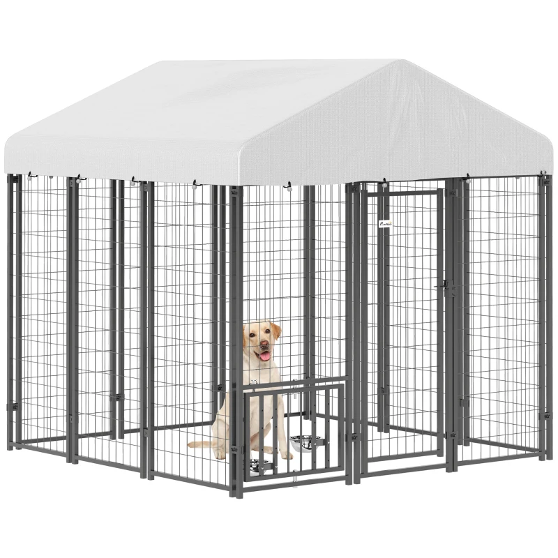 PawHut Outdoor Dog Kennel with Waterproof UV-Resistant Cover, Rotating & 4-Level Adjustable Feeding Bowls, 6 x 6 x 6 ft