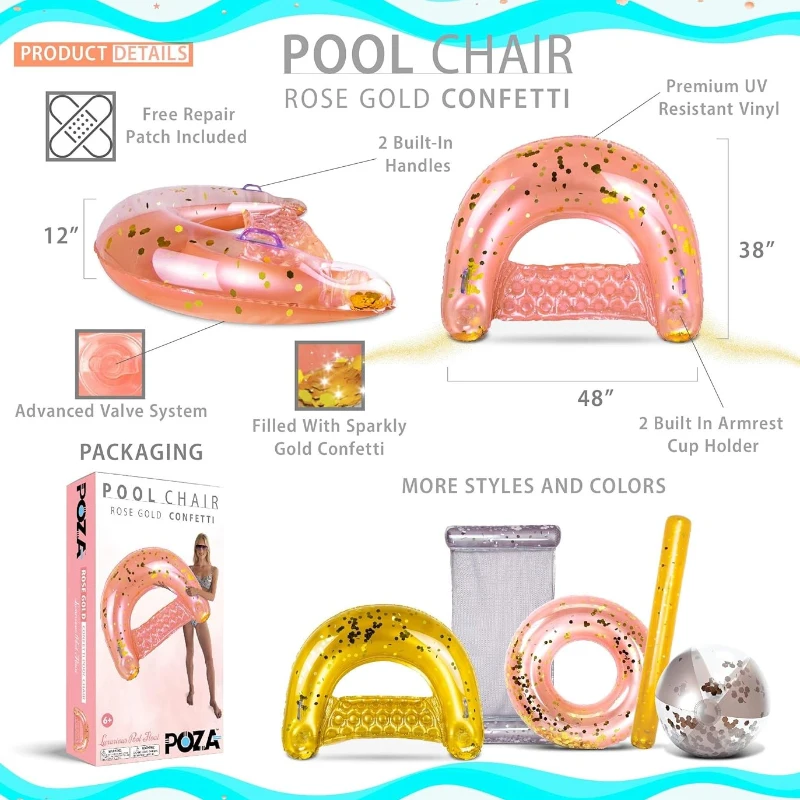 Inflatable Water Floating Chair with Handles, Cup Holders, Sparkle Confetti, Luxurious Lounger for Beach, Lake, 48" L x 38" W x 12" H, Rose+Gold