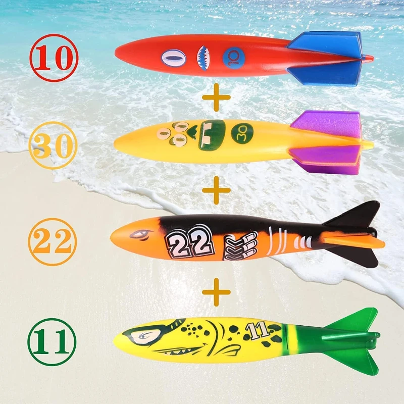Fun Swim Games Sinking Set with Torpedo, Gems, Shark Rings, Sea Animals, and Storage Bag, Summer Pool Diving Toys for Kids, Multicolor