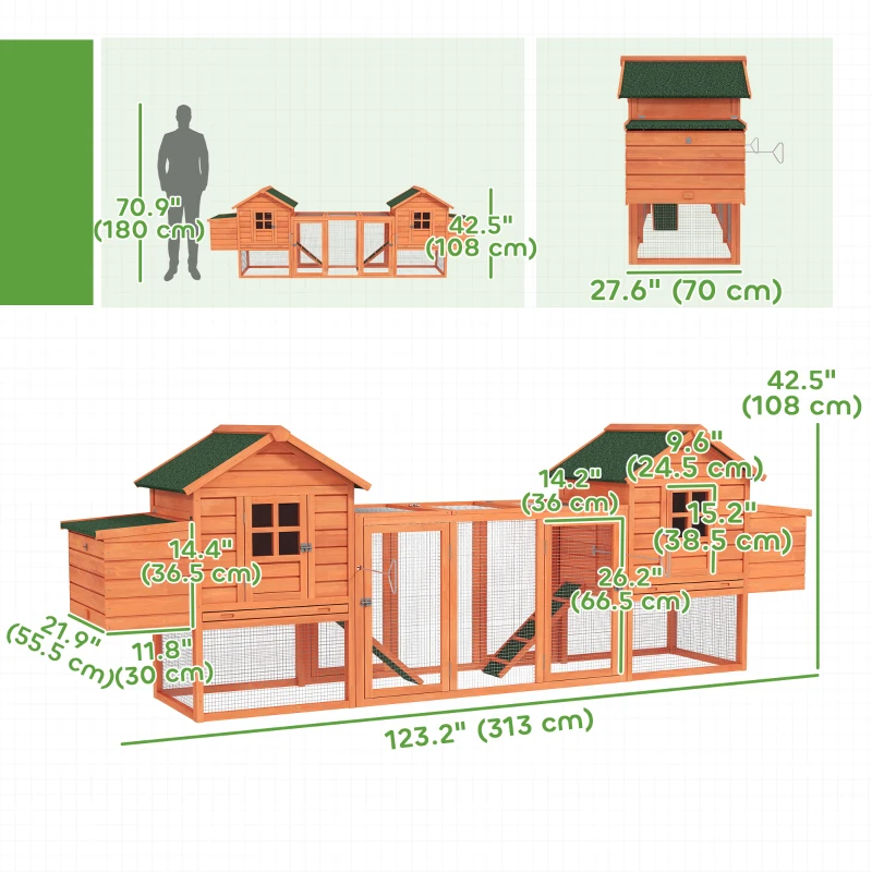PawHut 123" Extra Large Chicken Coop Wooden Poultry House Rabbit Hutch Hen Backyard with Outdoor Run Ramps and Nesting Boxes