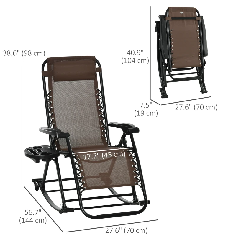 Outsunny 2 in 1 Adjustable Zero Gravity Reclining Lounge Chair Garden Recliner and Rocker Foldable Sun Lounger Napping Seat w/ Headrest & Tray Brown