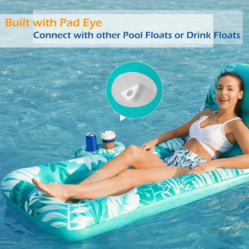 Jasonwell Inflatable Pool Float Lounger with Adjustable Backrest, Cup Holders, Ideal for Pool Parties and Relaxation, 75" L x 31.5" W, Turquoise
