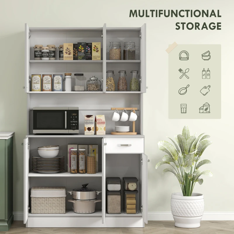 HOMCOM 71" Modern Buffet with Hutch, Standing Kitchen Hutch with Storage Cabinets, Drawer, Open Space with Microwave Stand, White