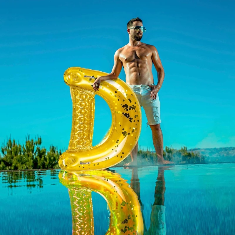 Inflatable Pool Float Chair with Sparkle Confetti, 2 Cup Holders, 2 Handles, Water Floating Chair for Swimming Pool, 48" L x 38" W x 12" H, Gold