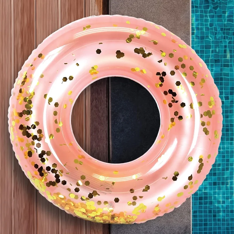 UV Resistant Inflatable Pool Float Tube with Confetti, Repair Patch, Premium Heavy Duty Vinyl Swim Ring, 37" L x 37" W x 9.5" H, Rose+Gold