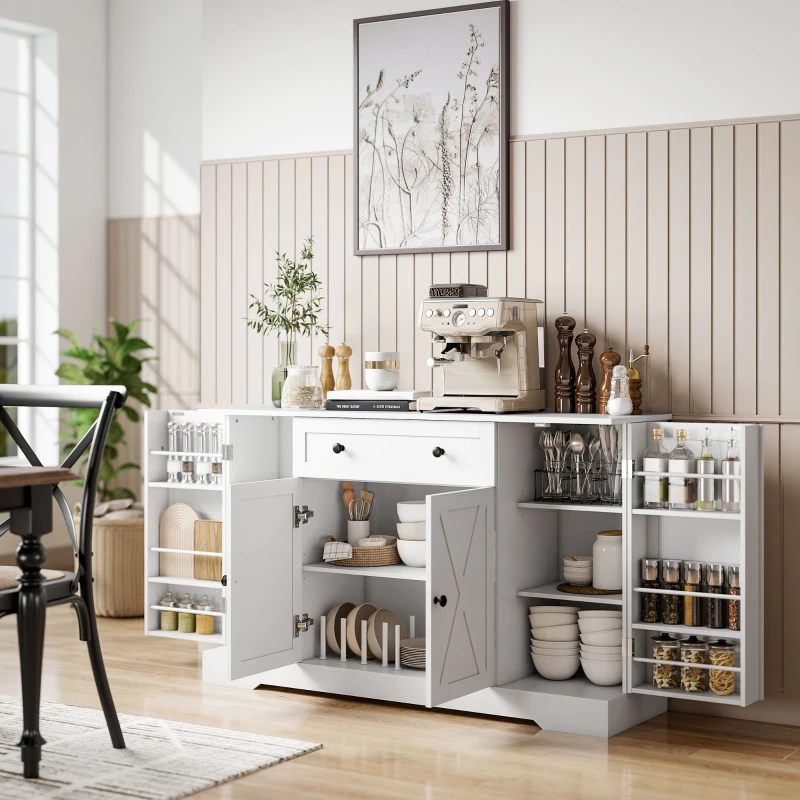 HOMCOM Sideboard Buffet Cabinet, Farmhouse Coffee Bar Cabinet with Door Shelves, Adjustable Shelves, Drawer, Barn Doors, White