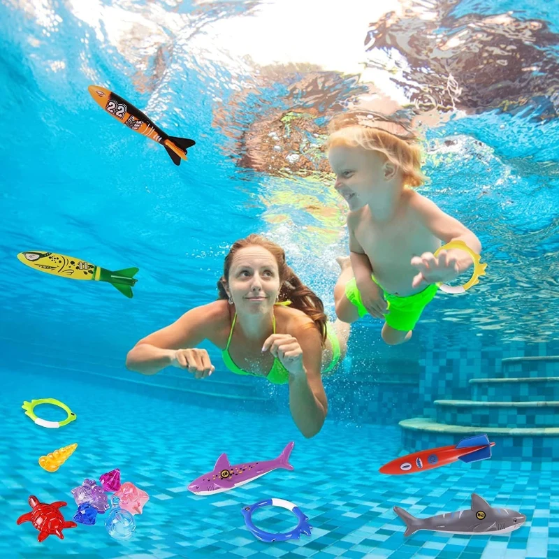 Fun Swim Games Sinking Set with Torpedo, Gems, Shark Rings, Sea Animals, and Storage Bag, Summer Pool Diving Toys for Kids, Multicolor