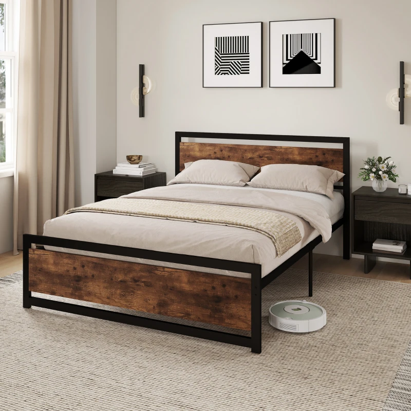 HOMCOM Queen Bed Frame with Headboard & Footboard, Strong Metal Slat Support Bed Frame w/ Underbed Storage Space, No Box Spring Needed, 63''x82''x40.5''