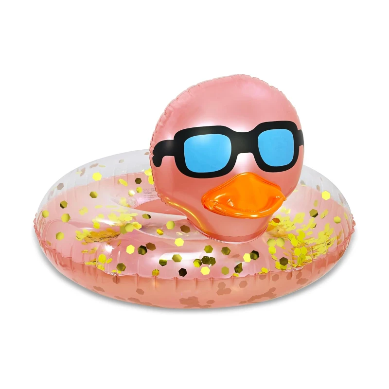 Inflatable Duck Pool Float Tube with Repair Patch, Heavy Duty UV Resistant Confetti Swim Ring for Kids, Adults, 36" L x 36" W x 23" H, Rose+Gold