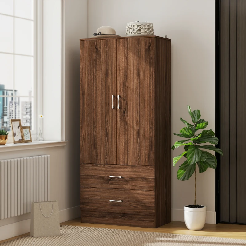 HOMCOM Wardrobe Closet Armoire with Hanging Rod and 2 Doors, Clothes Storage Organizer with 2 Drawers for Bedroom, Walnut