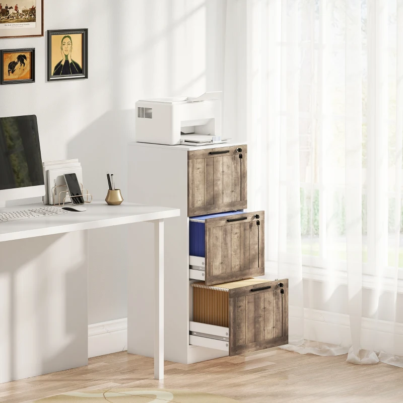 HOMCOM 3 Drawer Filing Cabinet, Farmhouse File Cabinet with Lock, Adjustable Hanging Rails for A4 Letter Size Files, White