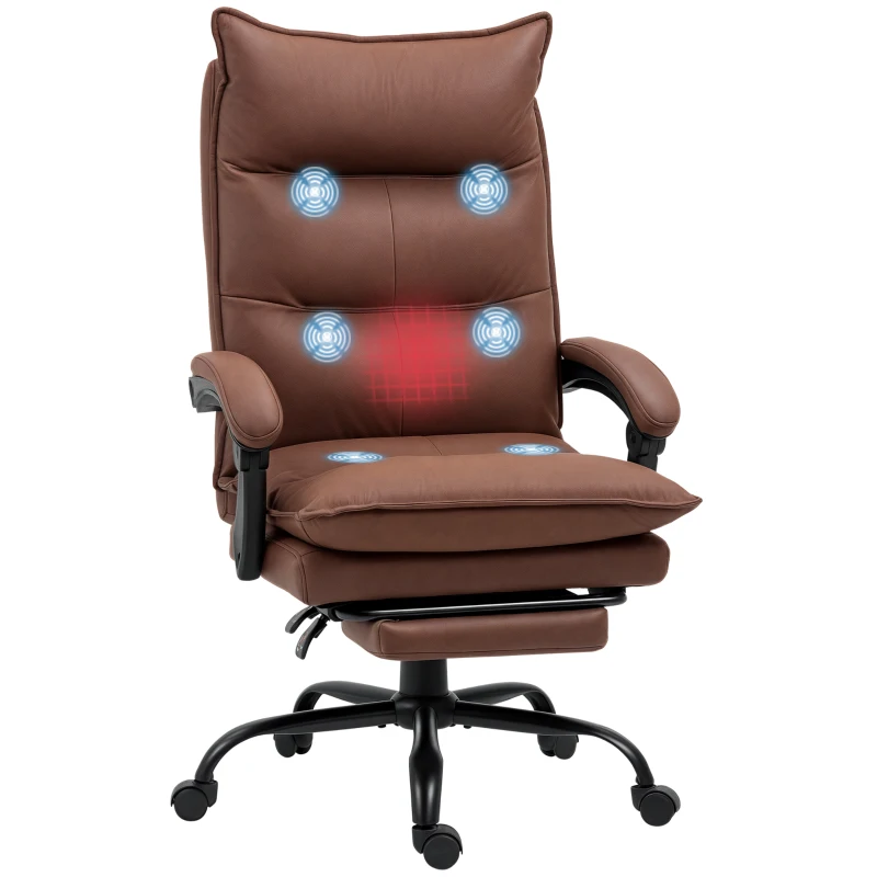 Vinsetto Executive Massage Office Chair with 6 Vibration Points, Microfiber Computer Desk Chair, Heated Reclining Chair with Footrest, Armrest, Double Padding, Brown