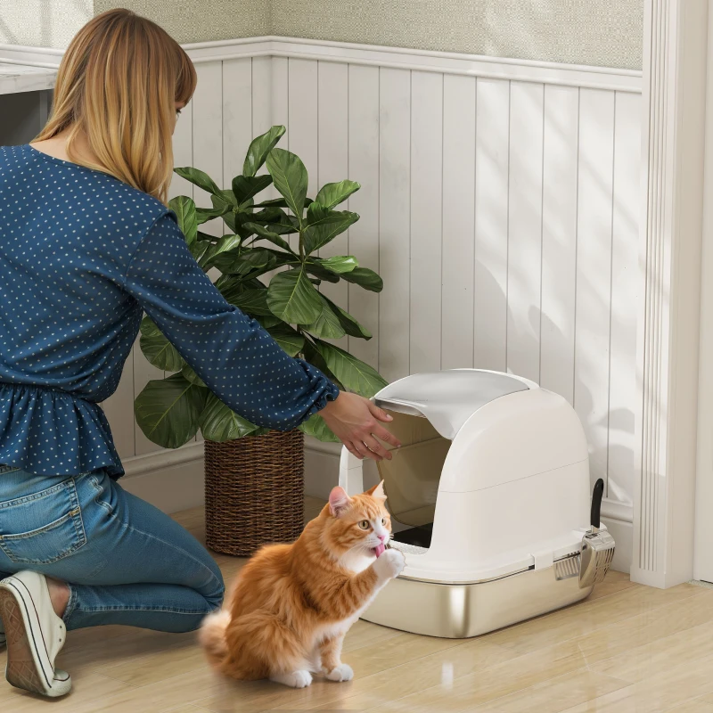 PawHut XL Stainless Steel Cat Litter Box with Lid for Big Cats, Enclosed Cat Litter Box with Flip Cover, Scoop