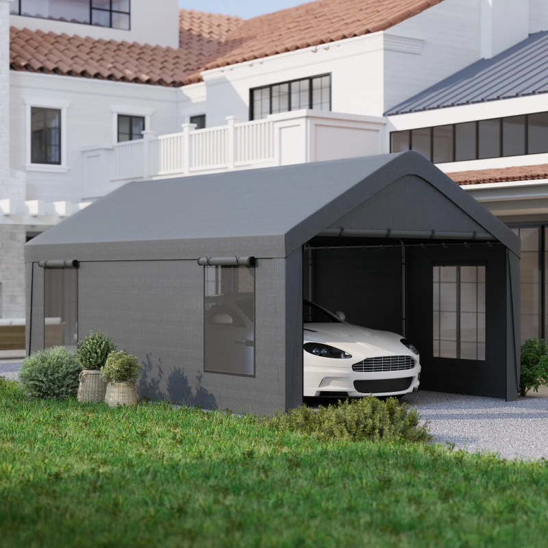 Outsunny 12 x 20ft Carport with 2 Roll-Up Doors, 4 Windows, Portable Garage with Removable Sidewalls for Car, Truck, Dark Grey