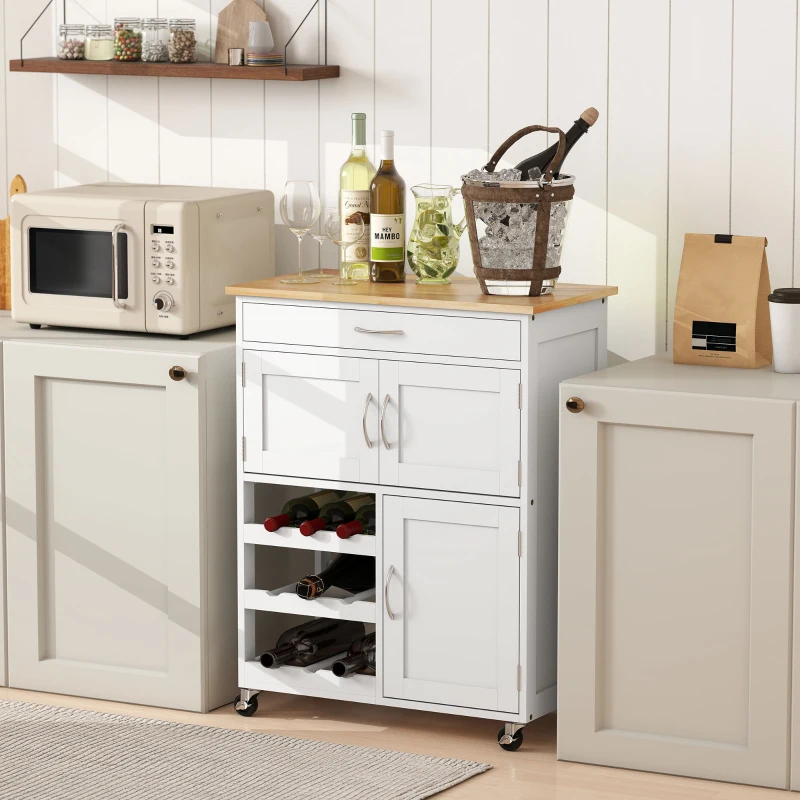 HOMCOM Rolling Kitchen Cart, Kitchen Island with Storage Drawer, 9-bottle Wine Rack, Door Cabinets, Wooden Countertop, White