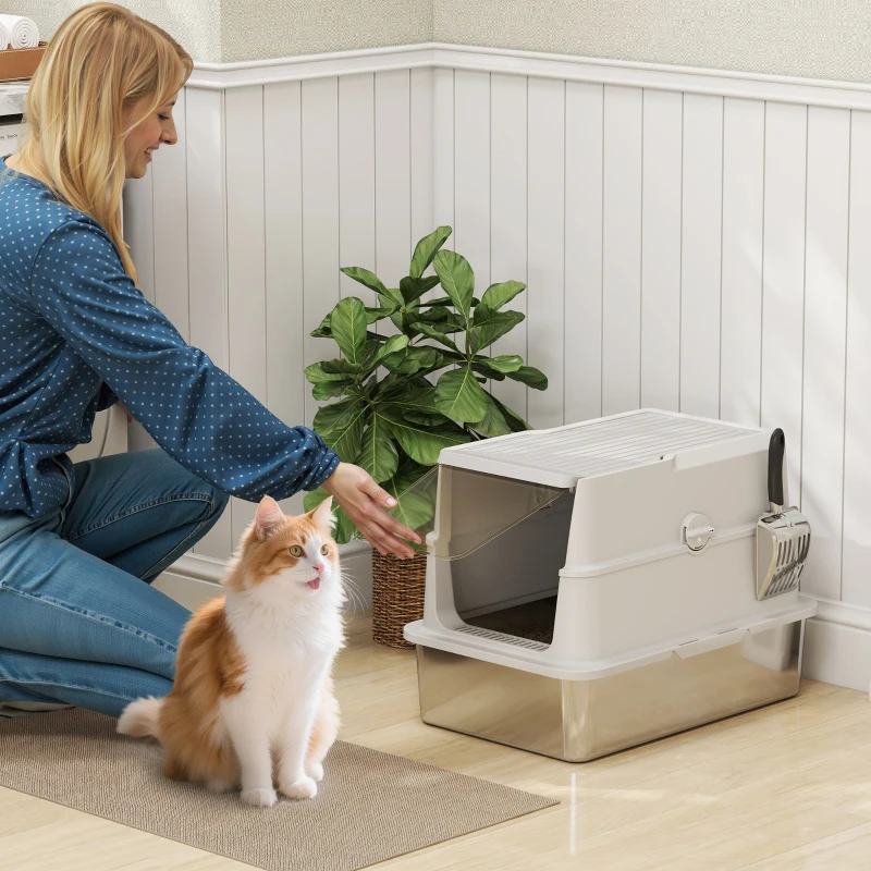 PawHut XL Stainless Steel Cat Litter Box for Big Cats with Flip Top, Scoop, Easy Clean & No Odors, Non-Sticky