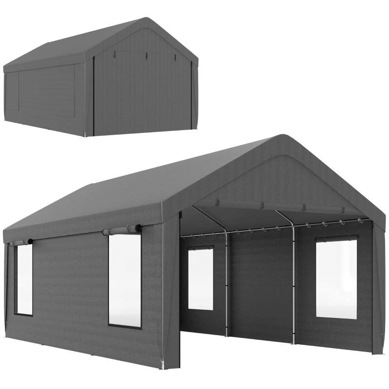 Outsunny 12 x 20ft Carport with 2 Roll-Up Doors, 4 Windows, Portable Garage with Removable Sidewalls for Car, Truck, Dark Grey