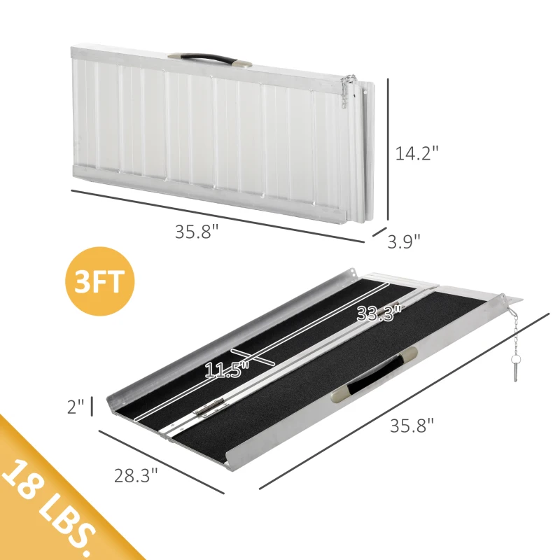 HOMCOM FSA/HSA Eligible Wheelchair Ramp 3FT, Folding Aluminum Threshold Ramp with Non-Slip Surface, Transition Plate, 594lbs Weight Capacity for Home, Doorways, Curbs, Steps