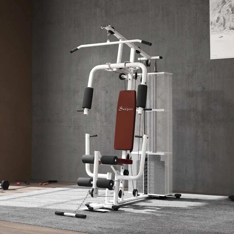 Soozier Home Gym, Multifunction Gym Equipment Workout Station with 100Lbs Weight Stack for Lat Pulldown, Leg Extensions, Preacher Bicep Curls, Triceps Pulldowns, Chest Press, White
