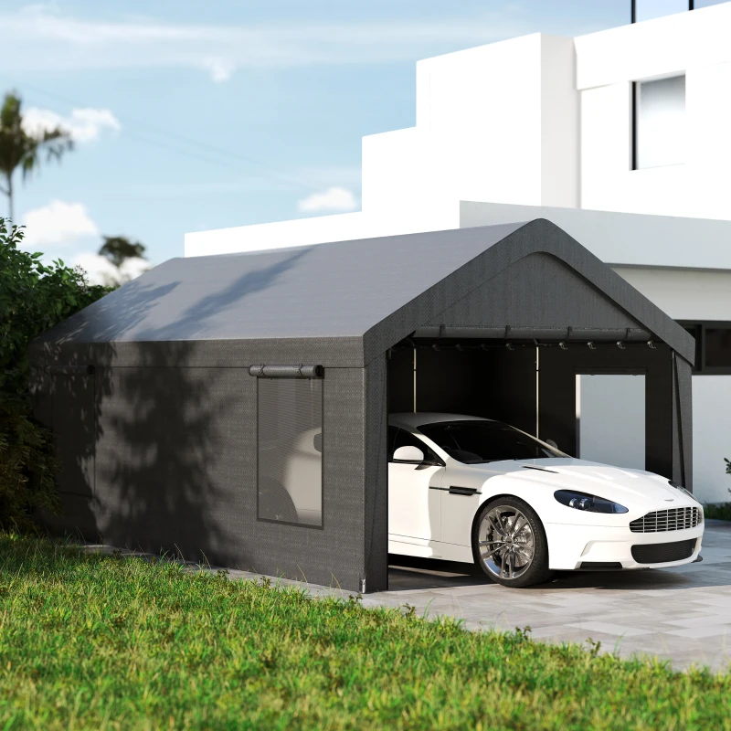 Outsunny 12 x 20ft Carport with 2 Roll-Up Doors, 4 Windows, Portable Garage with Removable Sidewalls for Car, Truck, Dark Grey