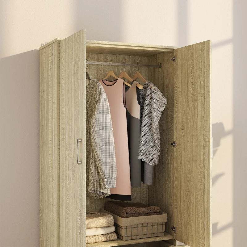 HOMCOM Wardrobe Closet Armoire with Hanging Rod and 2 Doors, Clothes Storage Organizer with 2 Drawers for Bedroom, Oak