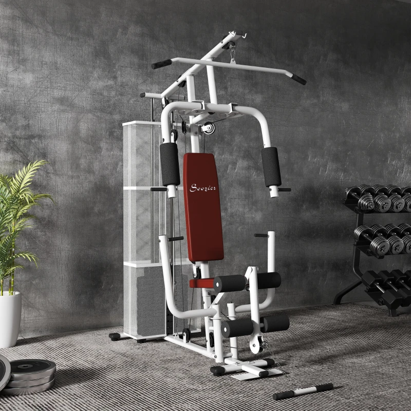 Soozier Home Gym, Multifunction Gym Equipment Workout Station with 100Lbs Weight Stack for Lat Pulldown, Leg Extensions, Preacher Bicep Curls, Triceps Pulldowns, Chest Press, White