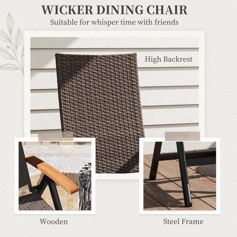 Outsunny Folding Wicker Patio Dining Chair with 5-level Reclining Back, Wooden Armrests for Outdoor, Garden, Backyard, Brown