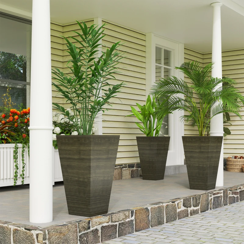 Outsunny Set of 3 Tall Planters, 28" Outdoor Planter w/ Drainage Holes, Faux Wood Plastic Flower Pots, Dark Brown
