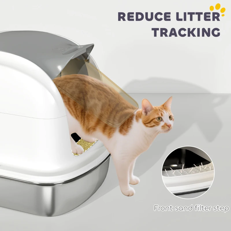 PawHut Large Stainless Steel Cat Litter Box with Lid, Enclosed Cat Litter Box with Flip Cover, Scoop