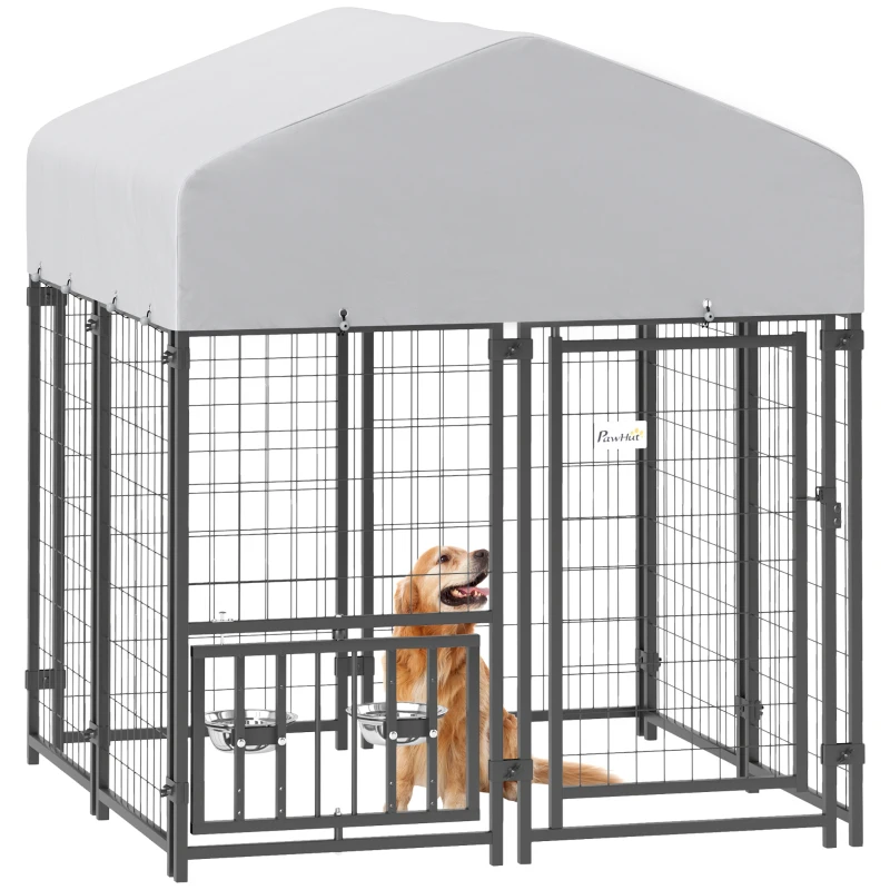PawHut Welded Wire Outdoor Dog Kennel with 360° Rotating & 4 Levels Adjustable Bowls, Waterproof Cover, 3.9' x 3.9' x 4.5'