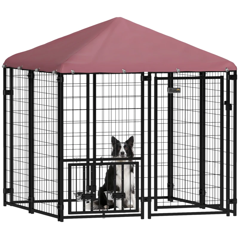 PawHut Welded Wire Outdoor Dog Kennel with 360° Rotating & 4 Levels Adjustable Bowls, Waterproof Cover, 4.6' x 4.6' x 5'