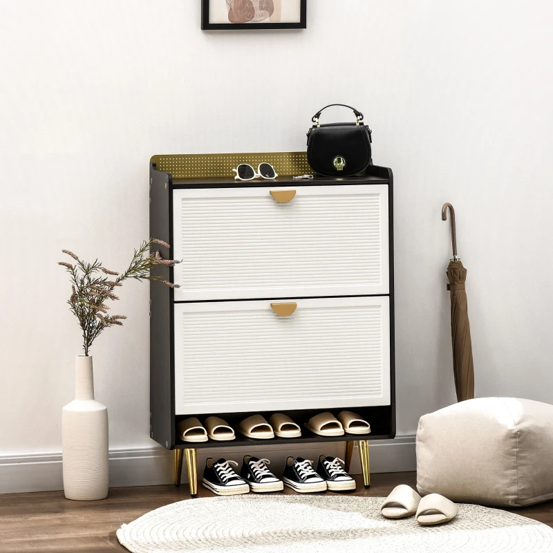 HOMCOM Shoe Cabinet, Modern Shoe Storage Cabinet with 2 Flip Drawers, Adjustable Shelves, Open Shelf and Bamboo Frame for Entryway, Hallway, Holds 12 Pairs, White
