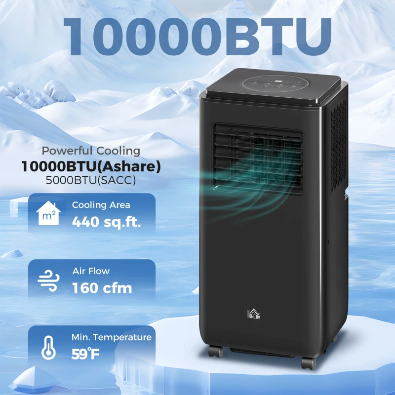 HOMCOM 10,000 BTU Moible Air Conditioner 440 Sq. Ft., Dehumidifier Fan Auto Sleep with 24H Timer On/Off, Window Kit, Black